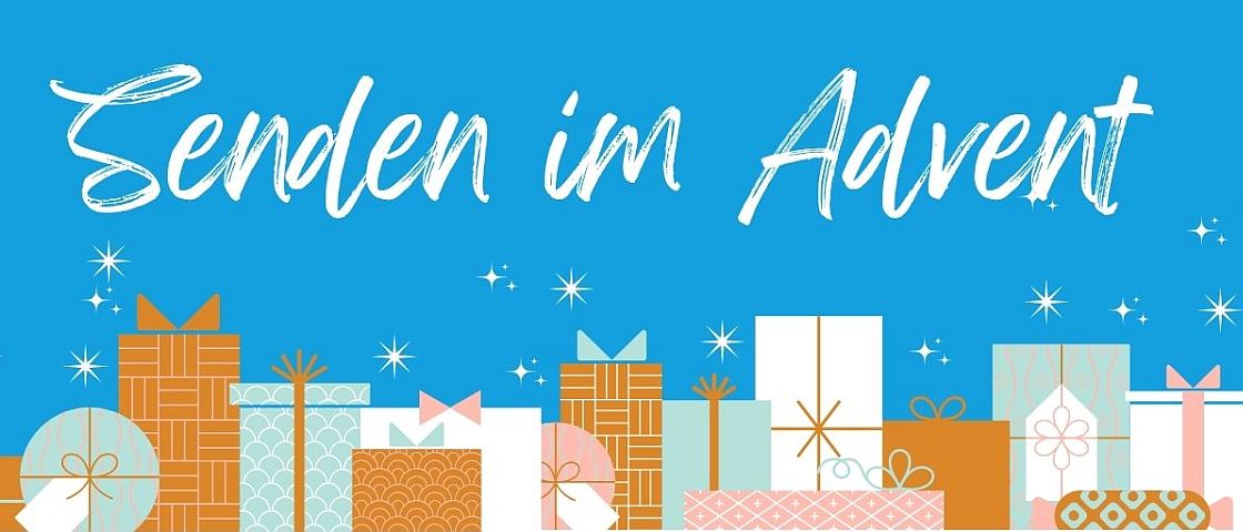 Schriftzug Senden im Advent mit Geschenken und Sternen Schriftzug Senden im Advent mit Geschenken und Sternen