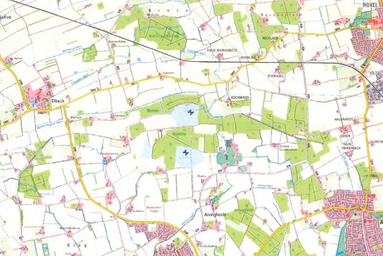 Standorte der geplanten Windenergieanlagen (siehe Kreuz +)